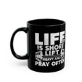 Striking barbell prayer design on a mug