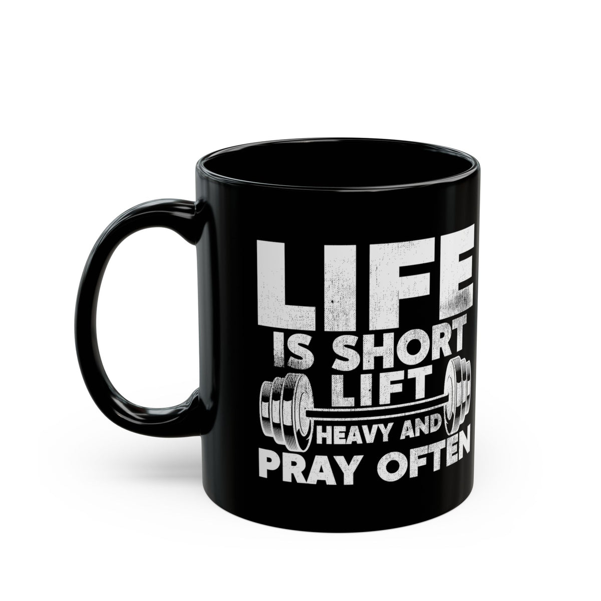 Striking barbell prayer design on a mug