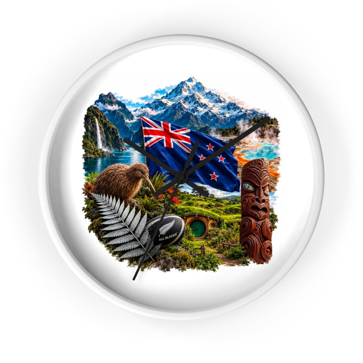 New Zealand Heritage Wall Clock — Kiwi, Silver Fern & Māori Tiki Design