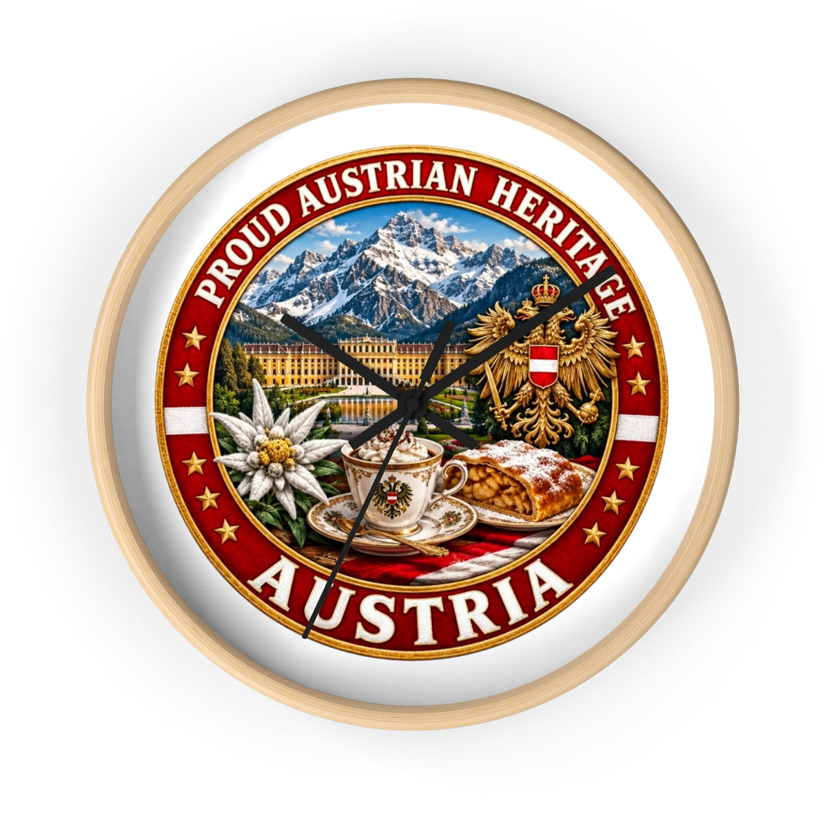 Austria Heritage Wall Clock — Proud Austrian Mountains & Coffee Scene