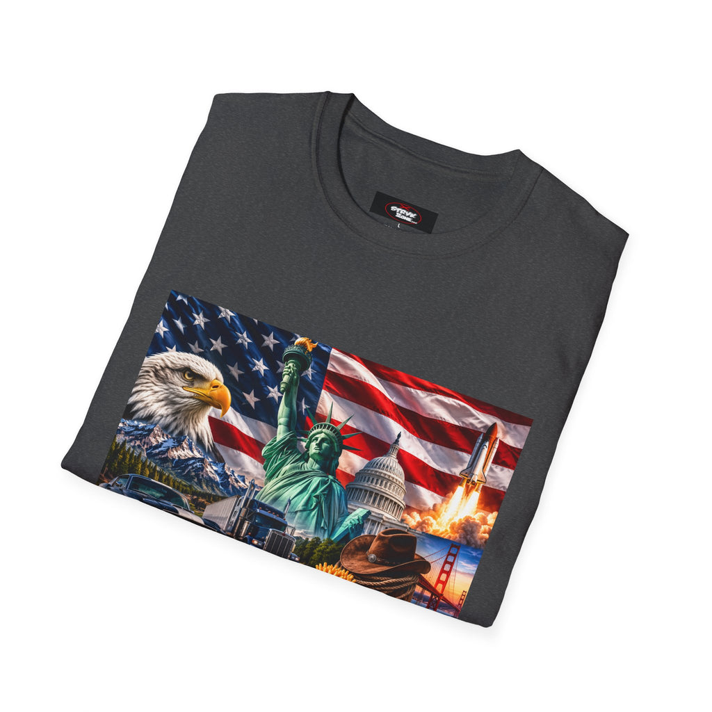 Patriotic USA Montage T-Shirt – Eagle, Statue of Liberty & American Flag Design