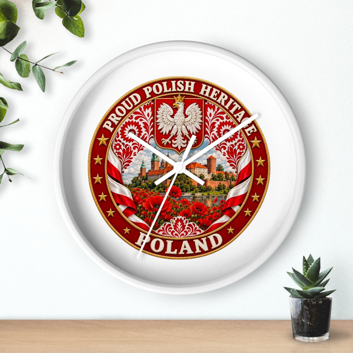 Poland Wall Clock — Proud Polish Heritage Design (Eagle, Castle & Poppies)