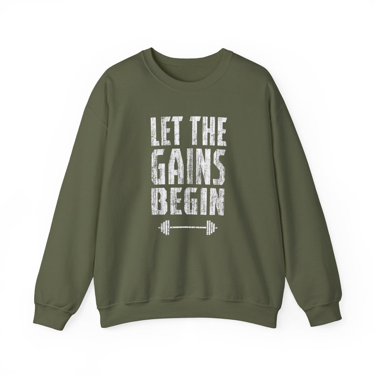 Motivated Muscle Gains graphic on a crewneck sweatshirt