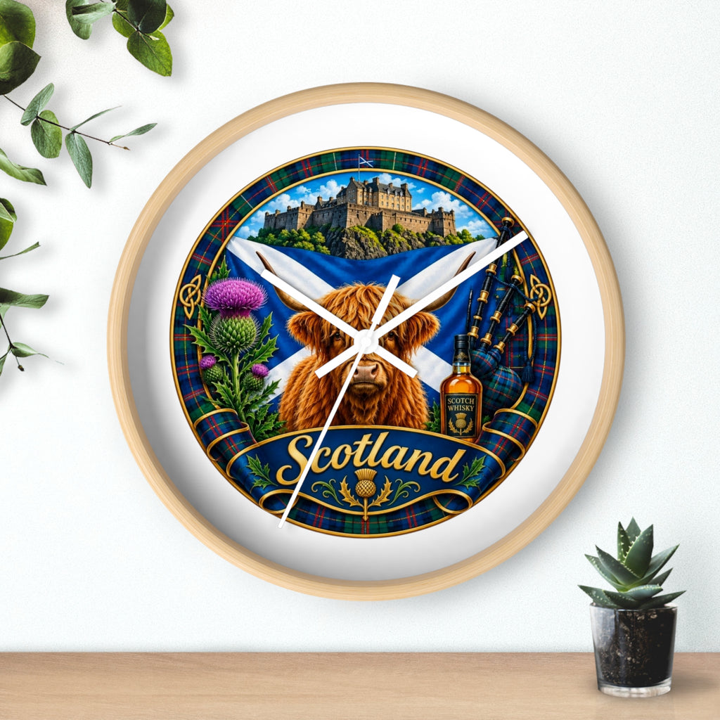 Scotland Highland Cow Wall Clock — Tartan Thistle Scottish Castle Home Decor