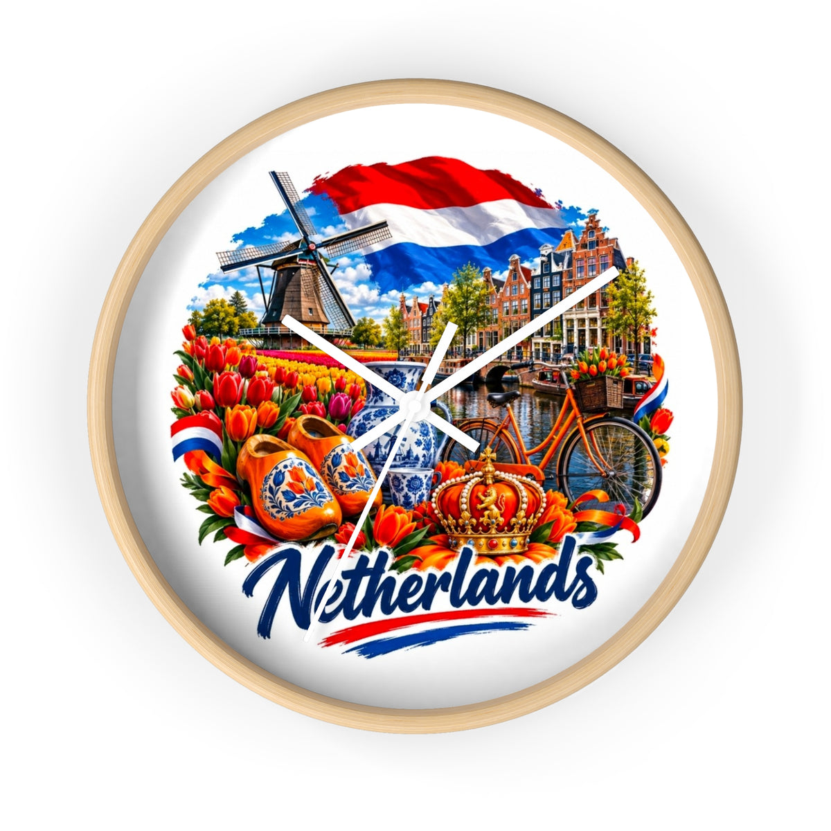 Netherlands Wall Clock – Dutch Tulips, Windmill & Canal Souvenir Clock