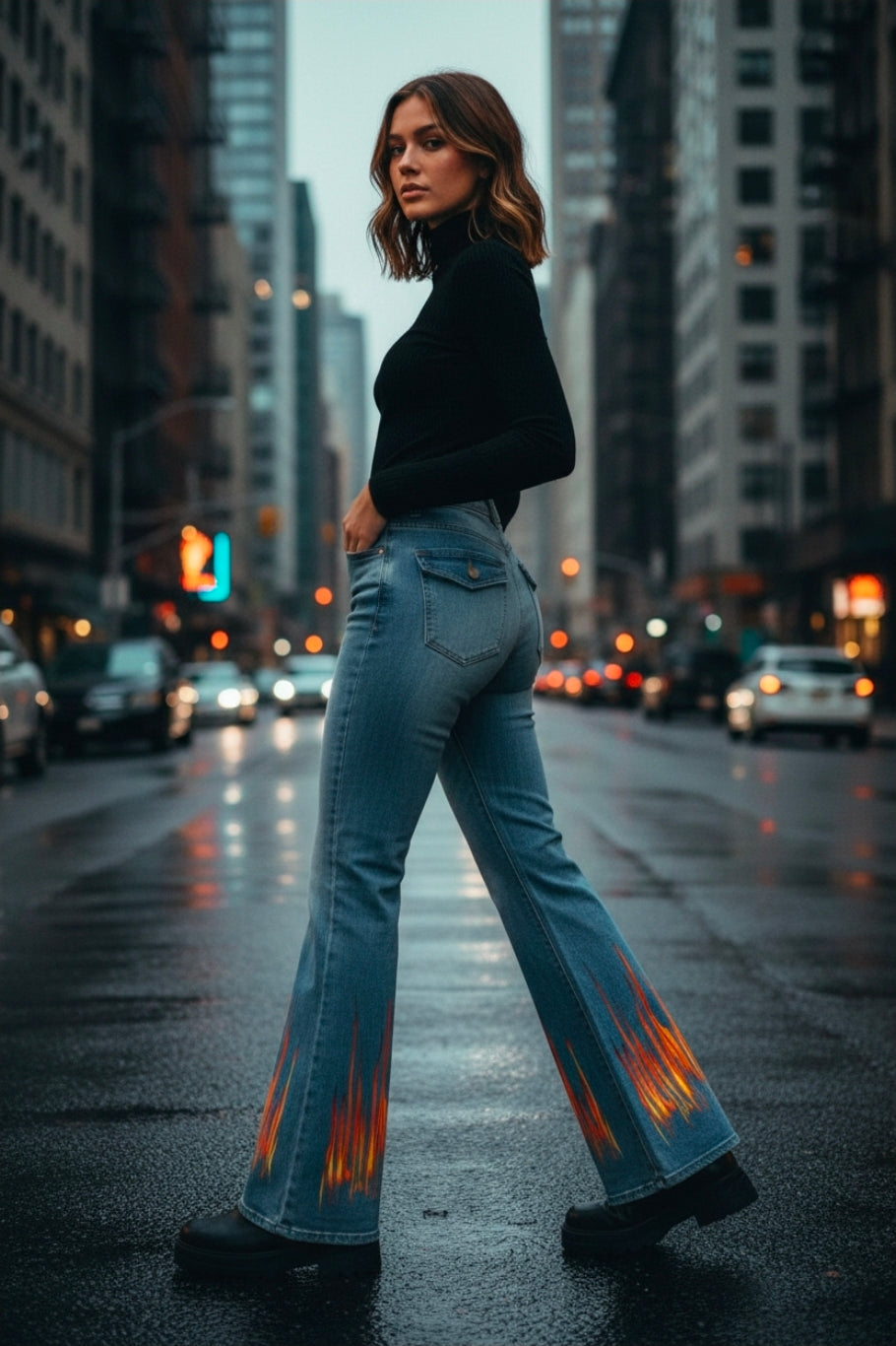 Women's Flame Print Wide Leg Jeans