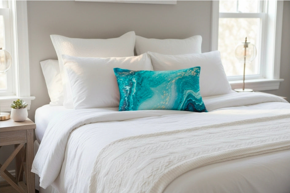 Teal Marble Lumbar Pillow - Ocean Blue Abstract Decorative Throw
