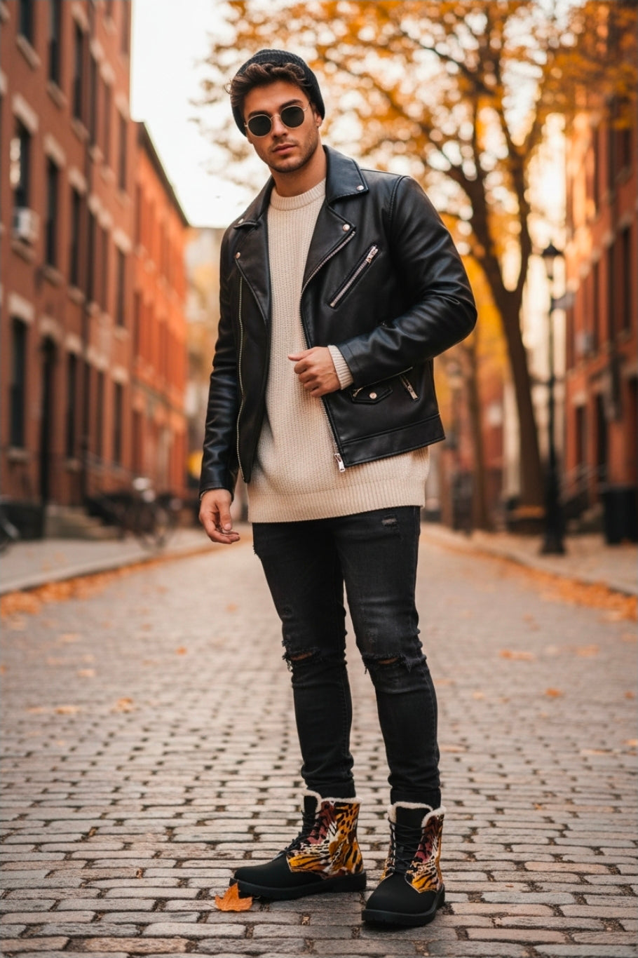 Men's Fur-Lined Leather Boots — Tiger Print Accent, Warm Winter Combat Style