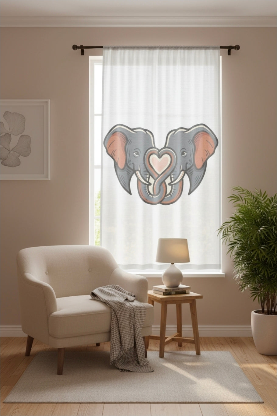 Elephant Heart Sheer Window Curtain — Cute Grey Elephant Trunk Heart Design