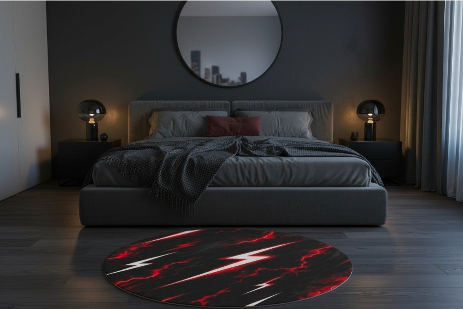 Lightning Bolt Round Rug — Red Storm Pattern Accent Rug