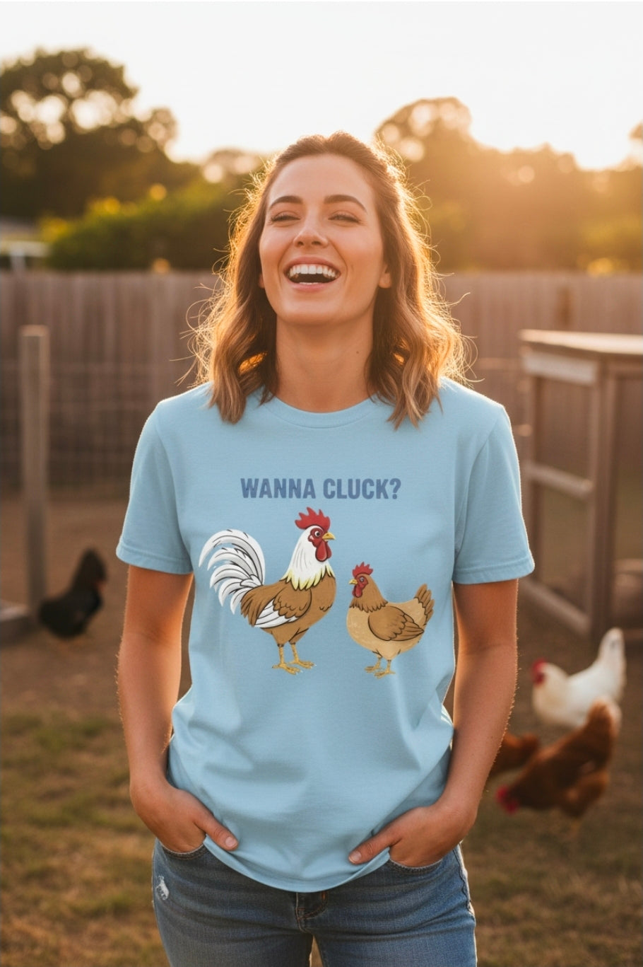 Wanna Cluck? Funny Rooster & Hen Graphic T-Shirt