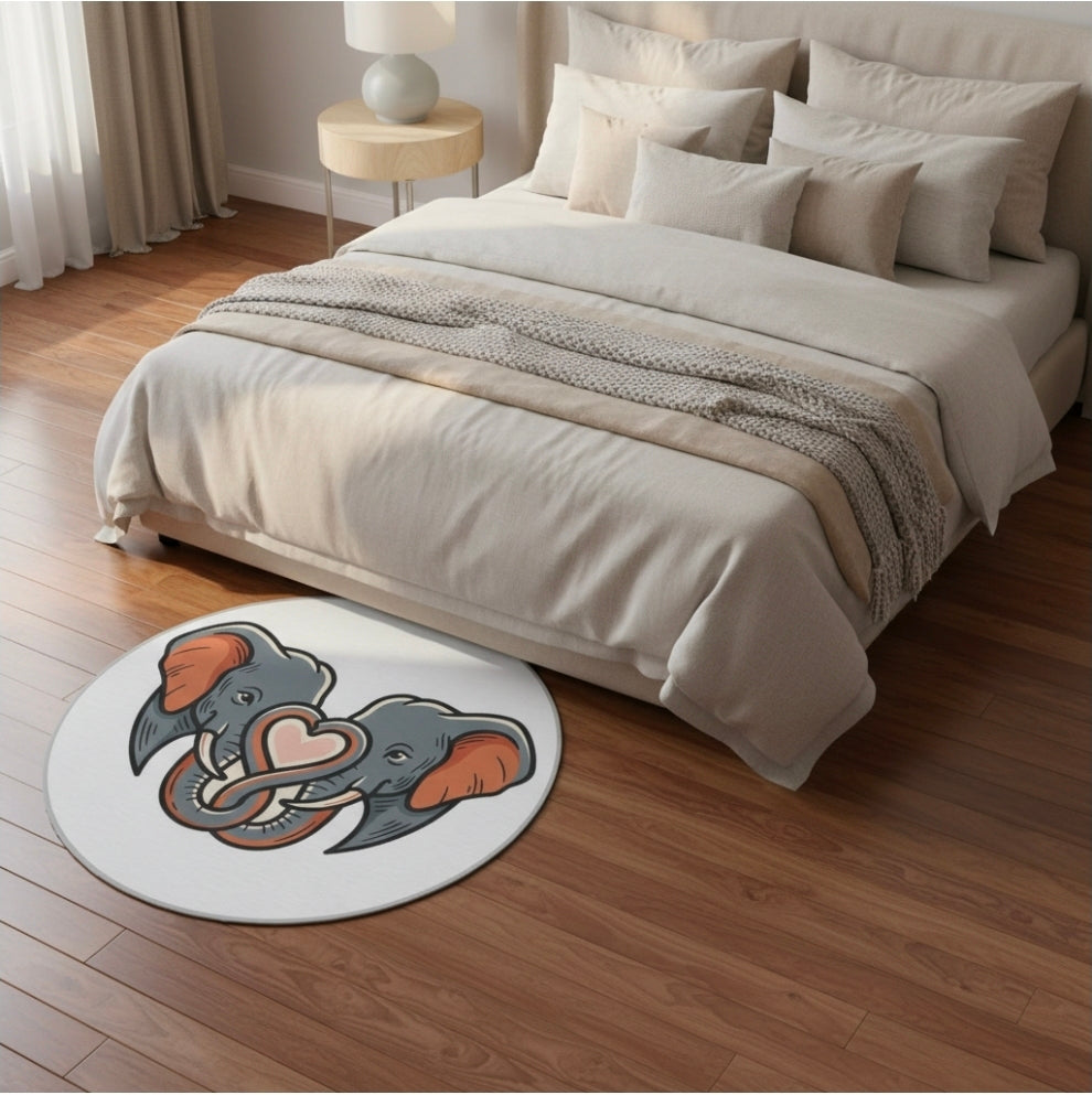 Elephant Heart Round Rug — Cute Elephant Couple Decorative Accent Rug