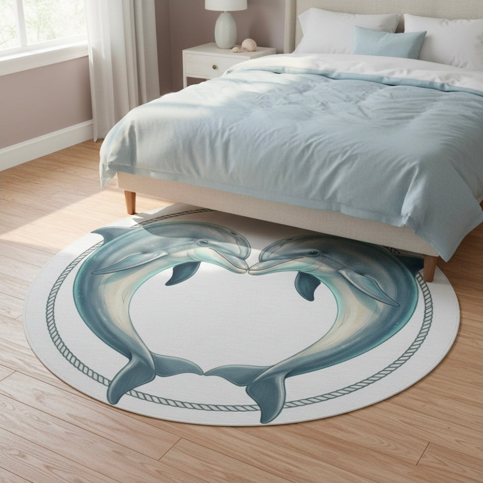 Dolphin Heart Round Rug — Nautical Coastal Accent Mat