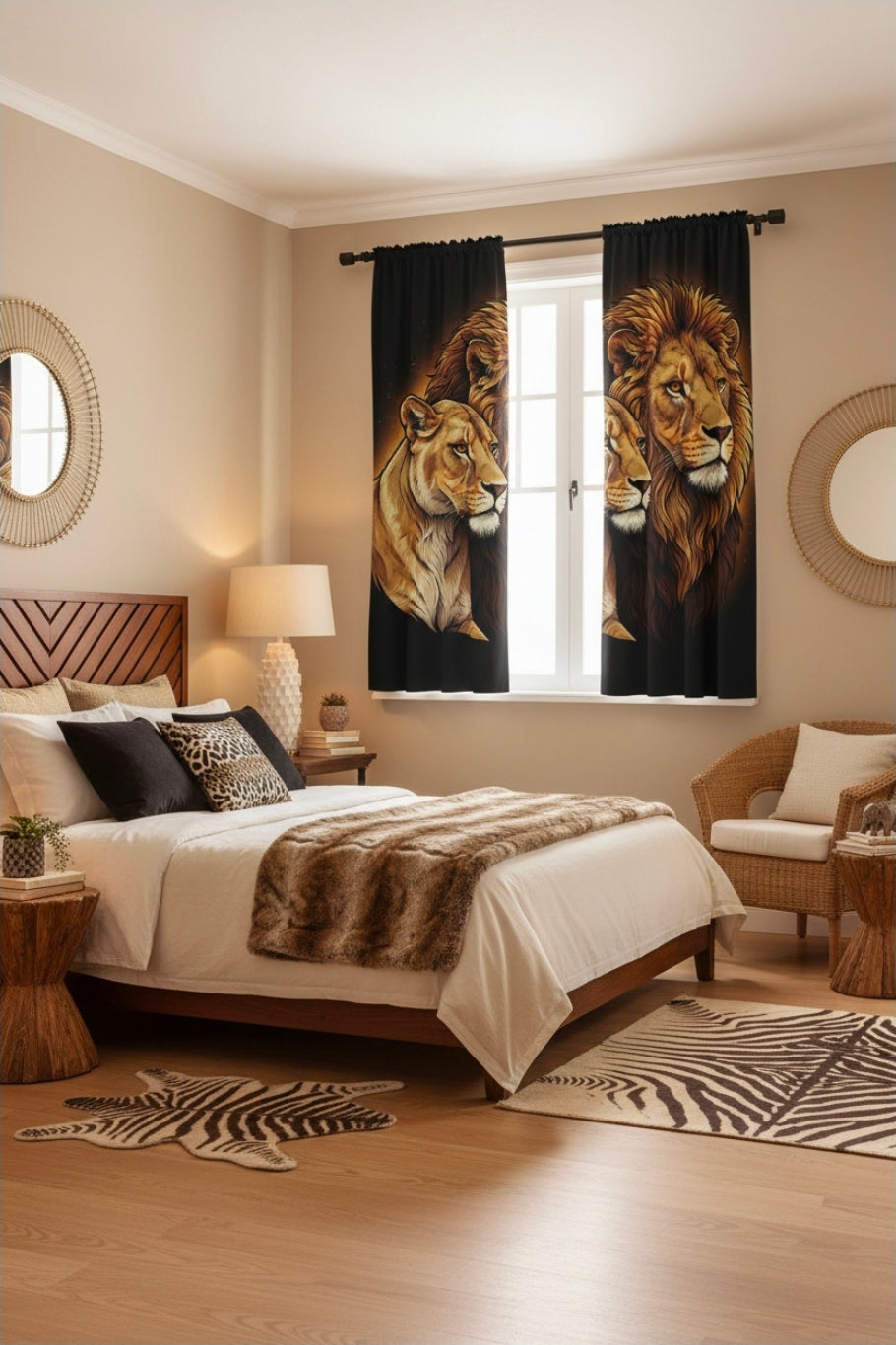 Lion Couple Window Curtain — Majestic Lion & Lioness Black Drapery