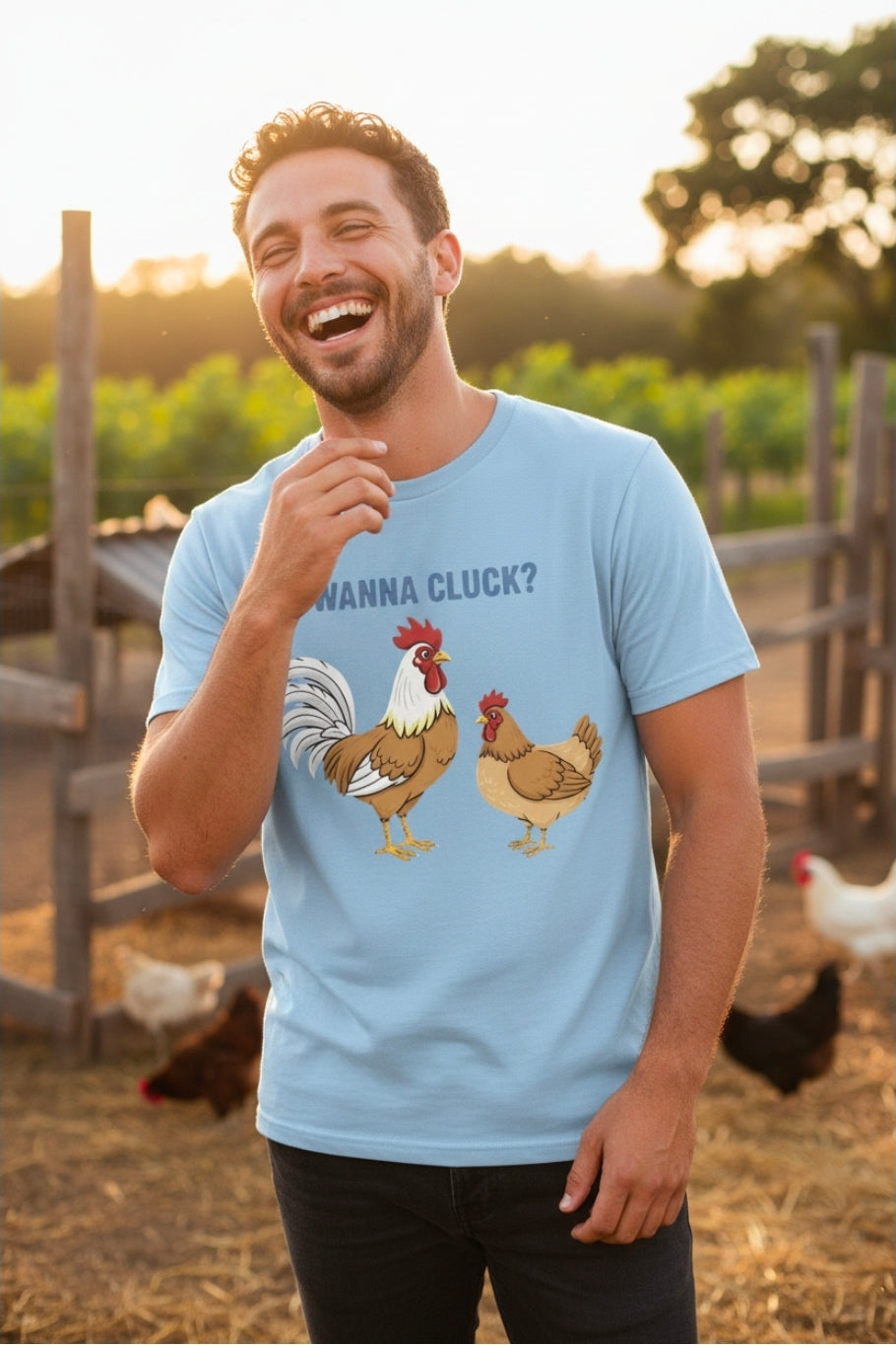 Wanna Cluck? Funny Rooster & Hen Graphic T-Shirt